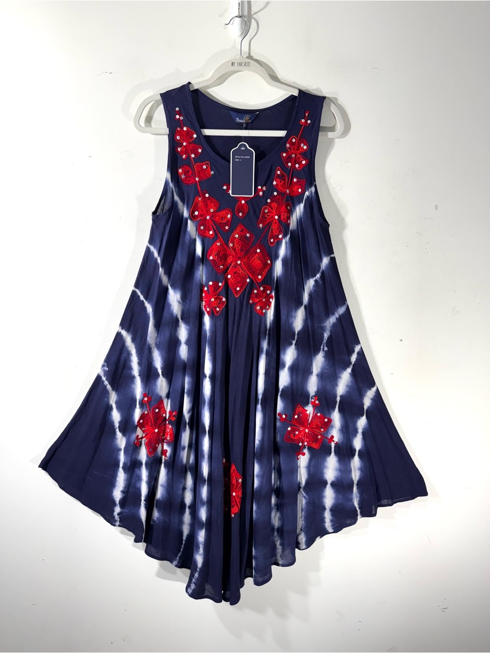 Riviera Sun Navy tie dye Dress Red floral Embroidered Beach Coverup NWT Small